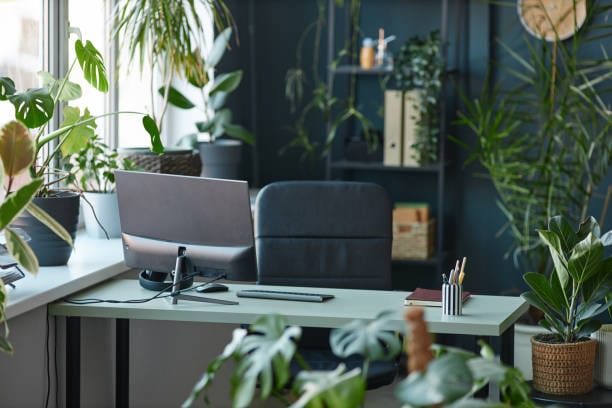 ruang kantor dengan warna aksen biru atau hijau menciptakan suasana segar