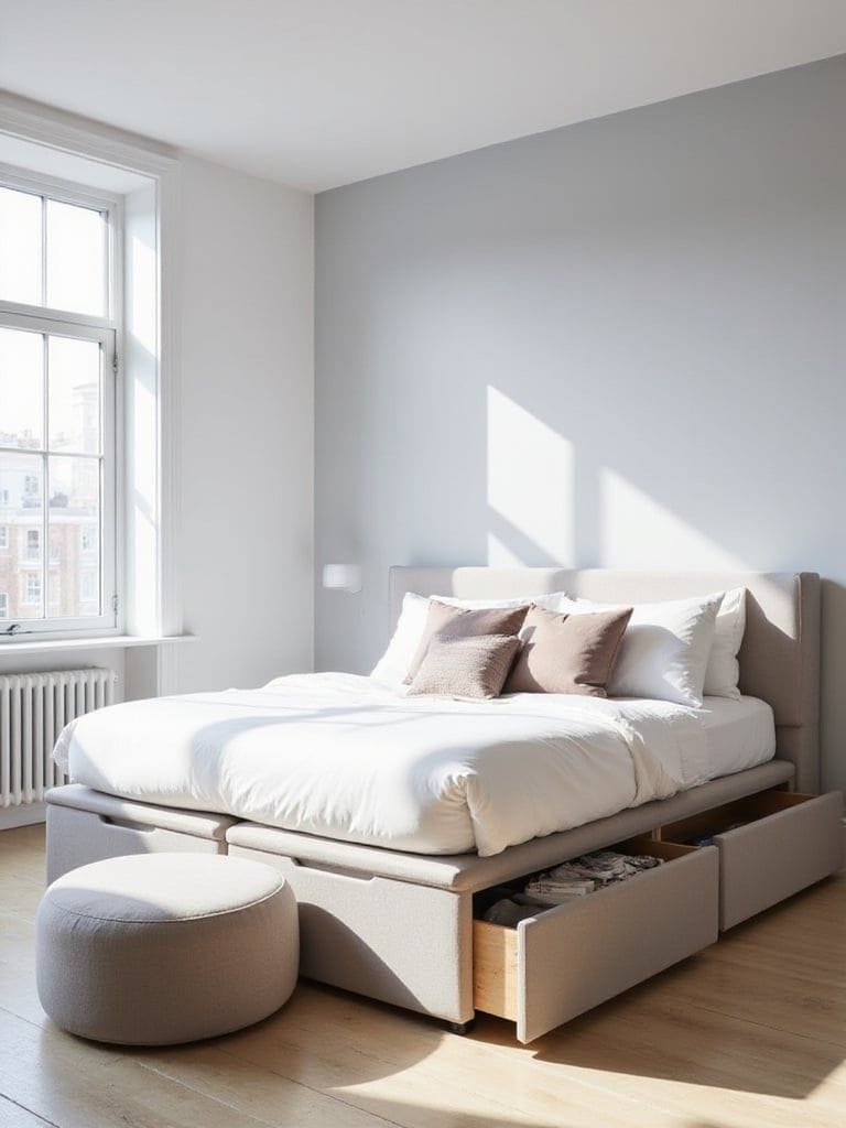 Inspirasi Desain Kamar Tidur Minimalis, Ranjang dengan laci penyimpanan di bawahnya