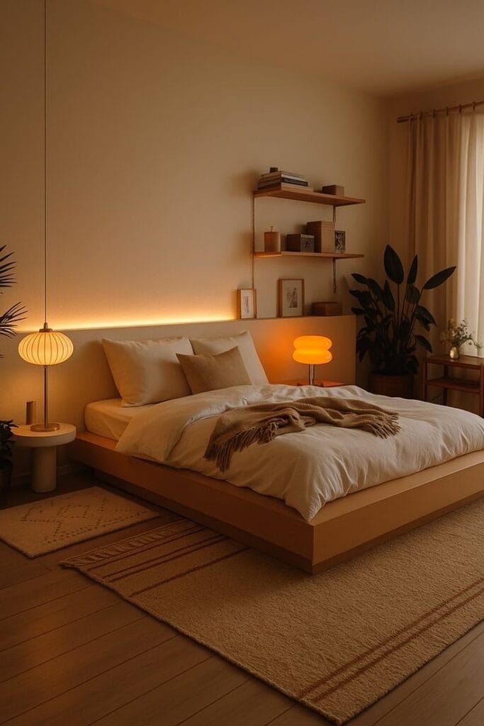 Inspirasi Desain Kamar Tidur Minimalis dengan Lampu tidur hangat