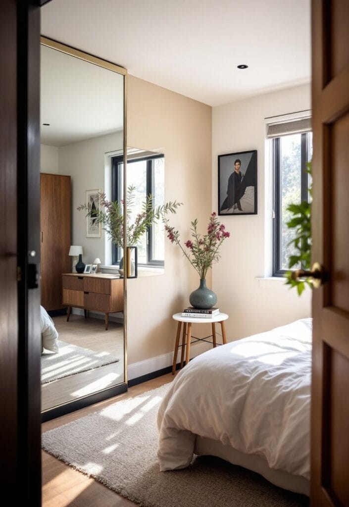 Inspirasi Desain Kamar Tidur Minimalis dengan penggunaan cermin besar
