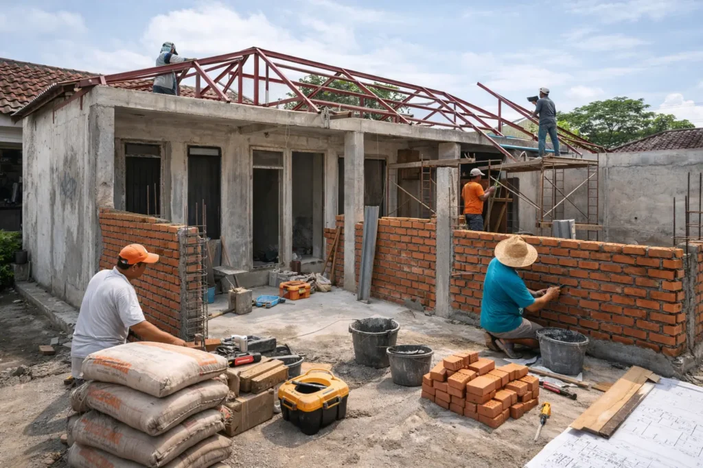 proses renovasi rumah dengan sistem biaya per meter