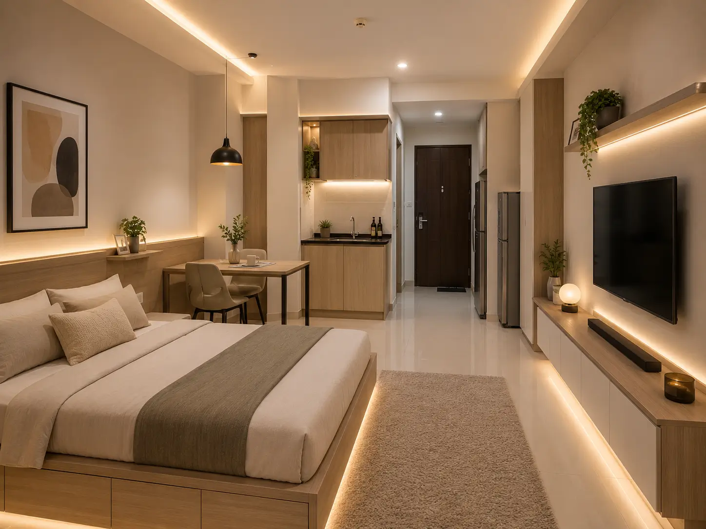 apartemen studio minimalis dengan furnitur sederhana