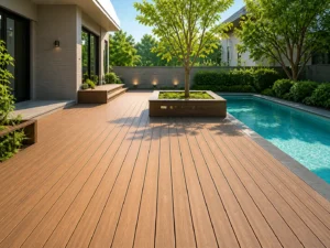pemasangan decking kayu di halaman belakang modern dengan kolam renang