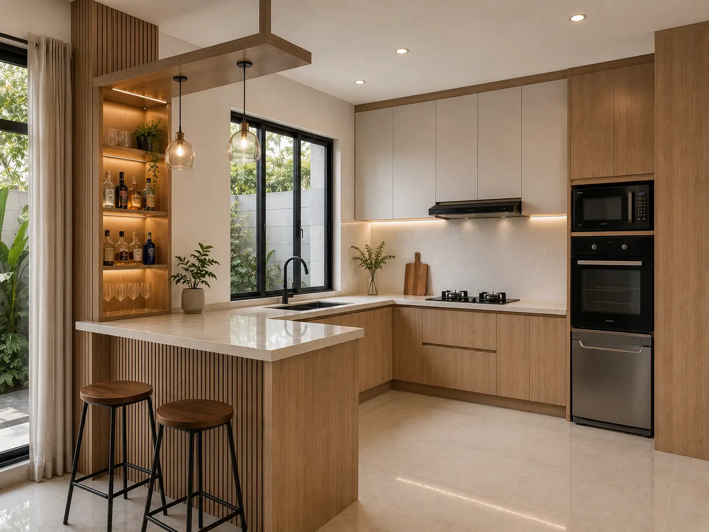 Kitchen set dengan mini bar custom di rumah modern