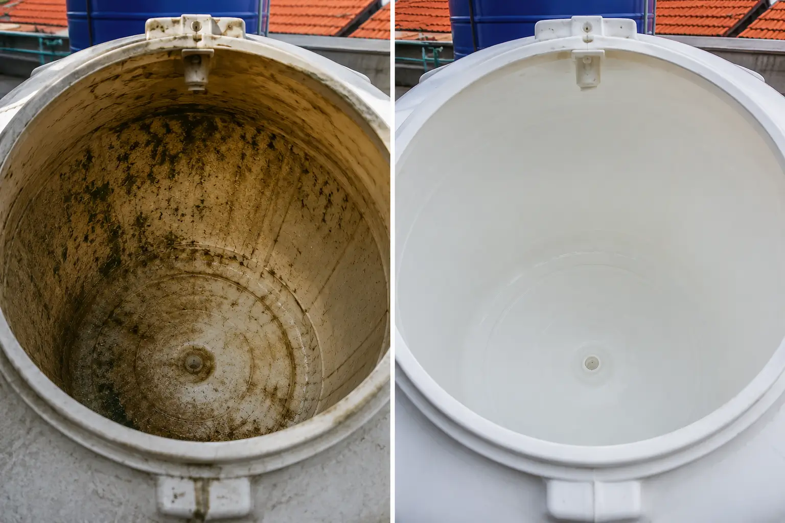 Perbandingan sebelum dan sesudah cuci toren rumah