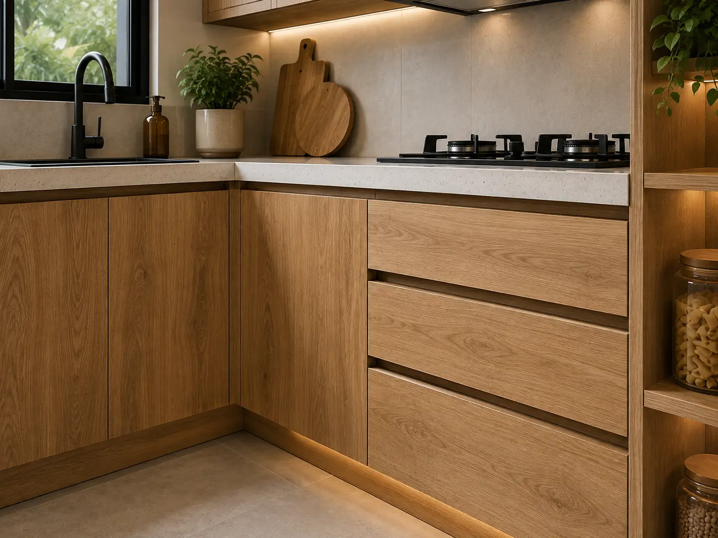 Kitchen set finishing kayu dengan detail serat kayu pada kabinet
