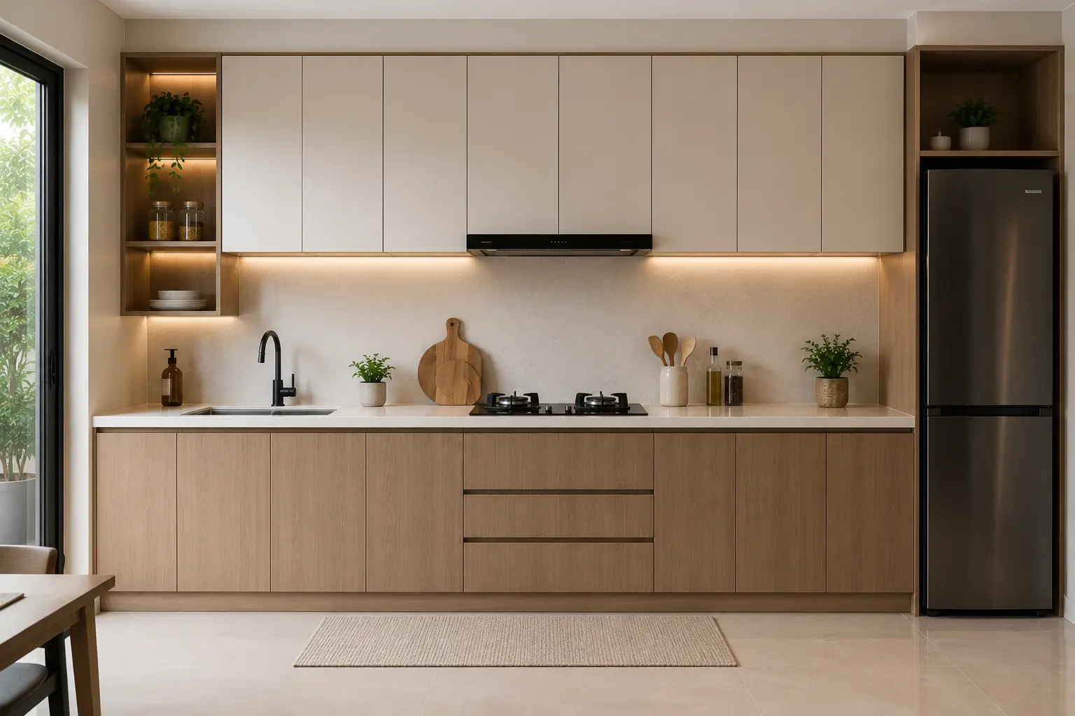 Kitchen set linear minimalis dengan kabinet atas dan bawah