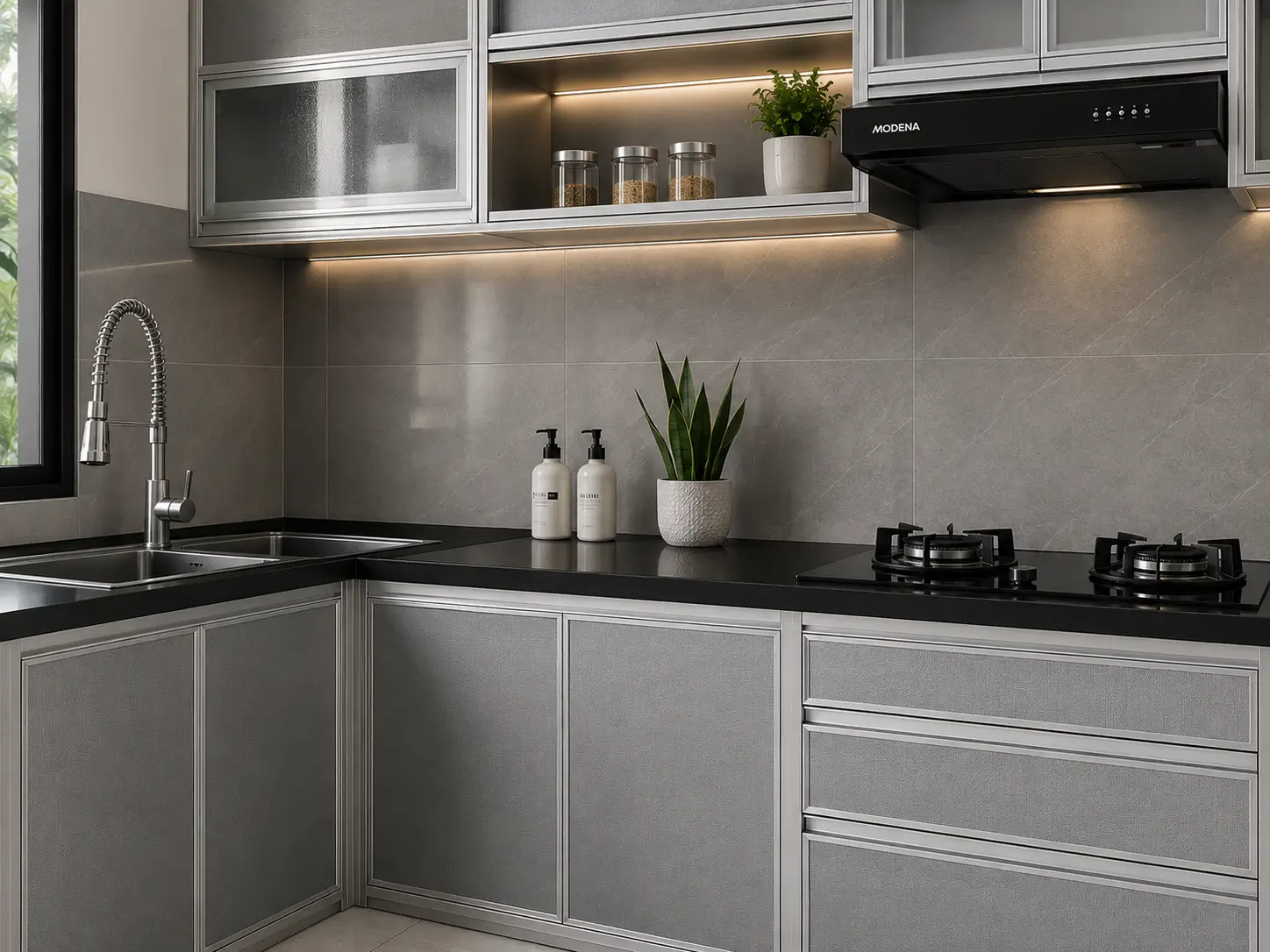 Material kitchen set aluminium dengan kabinet yang sudah terpasang
